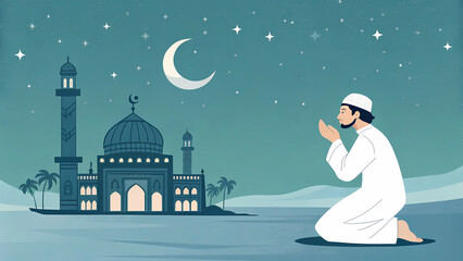 Wall Mural - A Devout Moment: A Man's Prayer During Ramadan with a Majestic Mosque in View