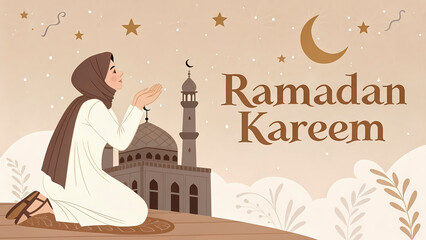 Wall Mural - A Peaceful Prayer: A Girl's Reflection Under the Stars During Ramadan