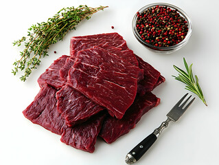 Wall Mural - Fresh beef steaks, herbs, peppercorns. Food photography for recipes