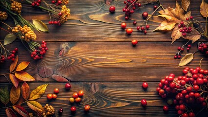 Sticker - Autumnal Harvest Abundance Vibrant Red Berries and Golden Leaves on Rustic Wooden Surface