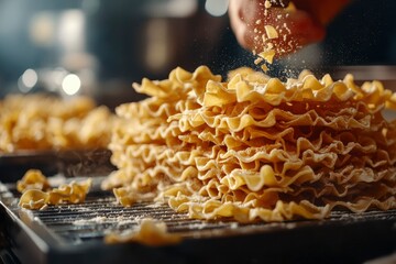 Wall Mural - Chef sprinkles topping on fresh pasta in kitchen for food blog, cooking content