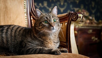 Wall Mural - tabby cat lies attentively on an armchair and looks to the right portrait of a european shorthair ca