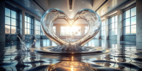 Sticker - A heart-shaped water sculpture gracefully descends, creating a mesmerizing ripple effect on a reflective surface within a sunlit modern interior space.