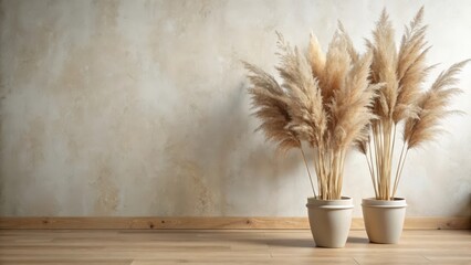 Sticker - Serene Interior Design with Neutral Tones and Pampas Grass in Elegant Pots Against a Textured Wall