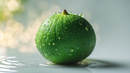 Poster - fresh green lime with water droplets resting on a smooth surface against a blurred background