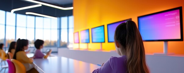 Poster - A modern classroom setting with students engaged at desks, facing colorful screens displaying information, enhanced by natural light and vibrant wall colors.
