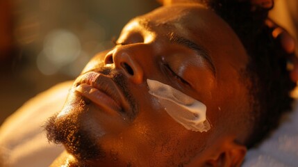 Poster - A man enjoys a soothing facial treatment in a calm spa. Soft sunlight illuminates his face while a professional applies cream for skin rejuvenation.