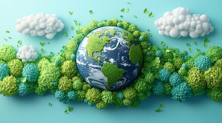 earth with forest against blue sky over green field
