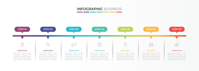 Poster - business infographic design with 6, 7 parts or steps, containing icons, text, numbers, vector design