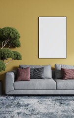 Wall Mural - Empty frame for a picture or photo in the living room above the sofa. 3D rendering