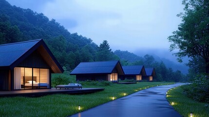 Poster - A serene landscape featuring cozy cabins along a winding path, illuminated by soft lights, surrounded by lush greenery and misty mountains.