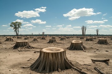 Deforestation impact on vast expanses of barren land with tree stumps nature environmental photography open landscape aerial view conservation awareness