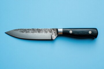 A weathered chef knife with a dark handle lies horizontally