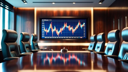 Poster - Boardroom meeting with financial chart displayed on screen in modern office setting during daylight hours