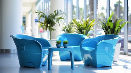Aufkleber - Three striking blue lounge chairs surround a small table, complemented by vibrant green plants, in a well lit modern interior reflecting a welcoming atmosphere.