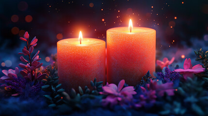 Two glowing candles stand amidst a lush garden of colorful flowers, casting a serene light in the evening. The soft flicker enhances the tranquil ambiance, inviting peace and reflection