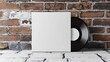 © Face Off Design - A vinyl record mock up, plain, blank, white sleeve on a brick wall backdrop, rustic street vibes