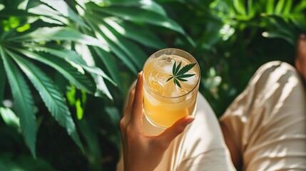 Poster - A person relaxing in a garden while sipping on a refreshing CBD-infused drink.