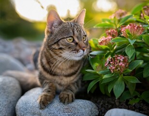 Wall Mural - a tabby cat sits curiously and attentively on stones next to a flowering plant cat sitting next to a