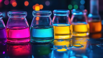 Poster - A spill of neon-colored chemicals on a dark surface, creating a dramatic contrast with vibrant reflections.