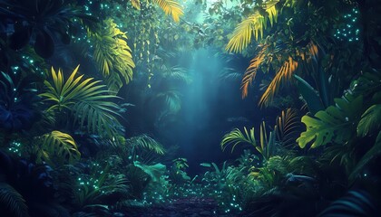  Tropical rainforest wildlife with glowing bioluminescent plants, vibrant lush greenery, mysterious atmosphere, photorealistic