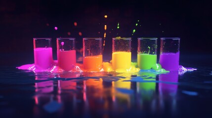 Poster - A spill of neon-colored chemicals on a dark surface, creating a dramatic contrast with vibrant reflections.