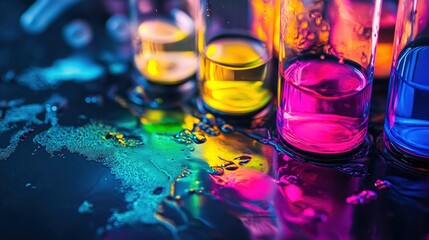 Poster - A spill of neon-colored chemicals on a dark surface, creating a dramatic contrast with vibrant reflections.