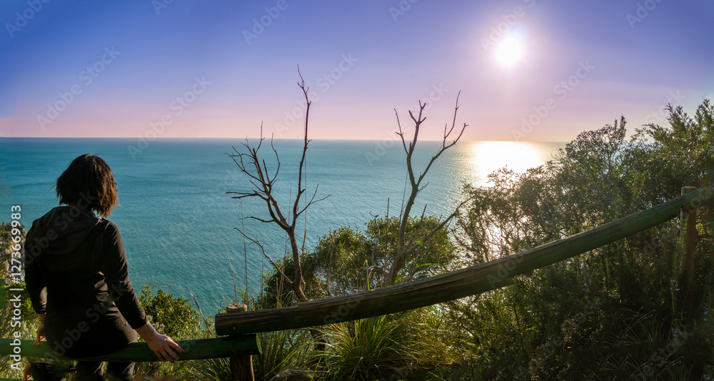 Italy Tuscany , Punta Ala Castiglione della Pescaia, Path Rio Palma Mountain Bike people trekking on Panoramic view of the Maremma coast north, cala Galera tower