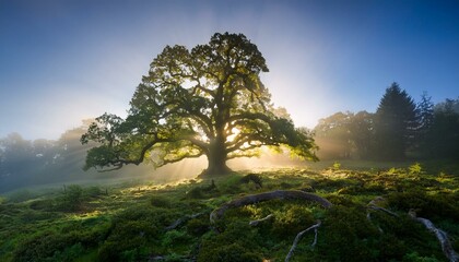 Wall Mural - majestic oak tree in misty forest sunlight