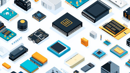 Poster - Electronic component isometric set vector illustration isolated on white. Electronics and electrical technology concept. Computer circuit chip elements. Graphic details of engineering hardware.