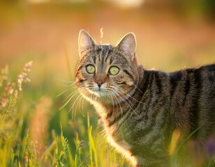 Wall Mural - tabby cat stands in a meadow and looks straight ahead portrait of a european shorthair cat watching 