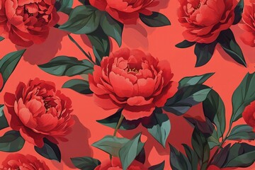 Canvas Print - Vibrant coral peony floral pattern with lush green leaves, perfect for wallpaper and fabric design, conveying freshness and natural beauty