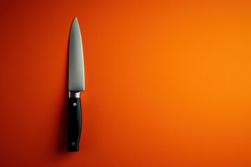 Shiny chef knife with black handle on orange background