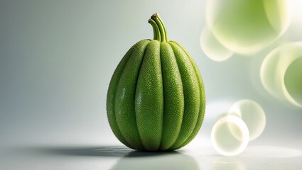 Poster - Unique green fruit with bumpy texture displayed on a reflective surface in a minimalist setting
