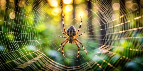 A radiant orb weaver spider elegantly poised in its intricate web, bathed in the soft glow of morning sunlight, a testament to nature's artistry