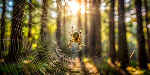 A spider patiently awaits its next catch in the heart of a sunlit forest, its intricate web shimmering with dew drops