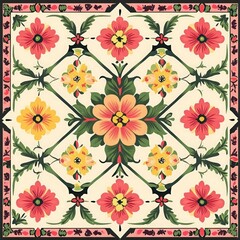 Wall Mural - Square floral design featuring a symmetrical pattern of coral, peach, and yellow flowers on a cream background. Dark green foliage and a pink-and-black border frame the design.