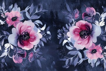 Wall Mural - A digital artwork depicting a mirrored arrangement of pink and purple flowers with bluish-gray leaves on a dark blue textured background. The style is painterly and watercolor-like