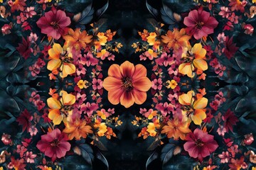 Wall Mural - Symmetrical arrangement of painted flowers in warm and dark colors, including orange, pink, and dark teal. The central focus is a large, reddish-orange flower surrounded by smaller blossoms