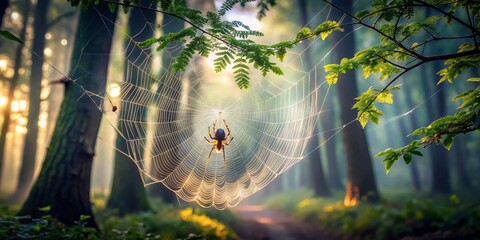A spider's intricate web, glistening with morning dew, hangs suspended between trees in a sun-dappled forest, a delicate masterpiece of nature's artistry