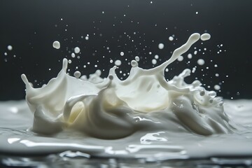 Poster - dynamic milk splash against dark backdrop capturing liquid motion and freshness in studio shot
