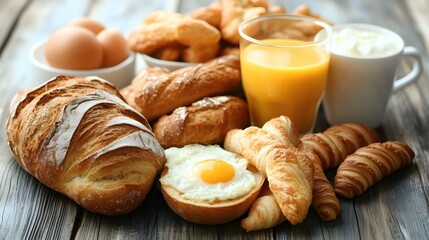 Poster - Rustic Breakfast Still Life with Bread Egg Orange Juice and Yogurt on Wooden Table