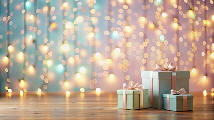 Wall Mural - Festive Presents on Wooden Surface with Sparkling Lights Background