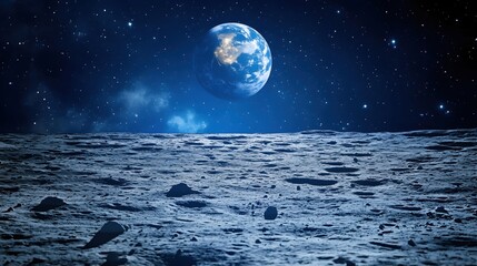 Wall Mural - Earthrise View from Lunar Surface with Stars and Nebula in Deep Space Dark Blue Sky