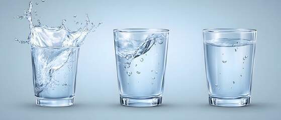 Poster - Three Glasses of Refreshing Water with Splash and Wave on a Light Blue Background