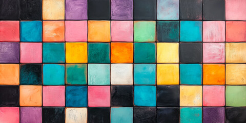 Poster - This vibrant image showcases a beautifully arranged mosaic of colorful squares, blending shades of pink, blue, yellow, and black.