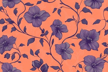 Canvas Print - Elegant floral pattern with dark purple flowers on a soft coral background, perfect for spring themed design projects, textiles, and wallpapers