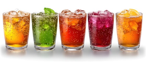 Poster - Refreshing Colorful Drinks with Ice Cubes and Bubbles on a White Background