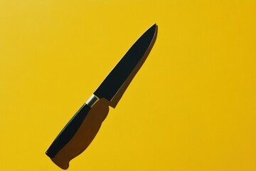 Chef knife with black blade rests on a yellow backdrop