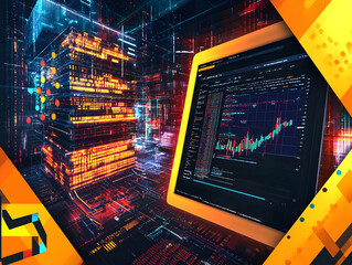 Poster - Futuristic digital city screen with stock charts, technology